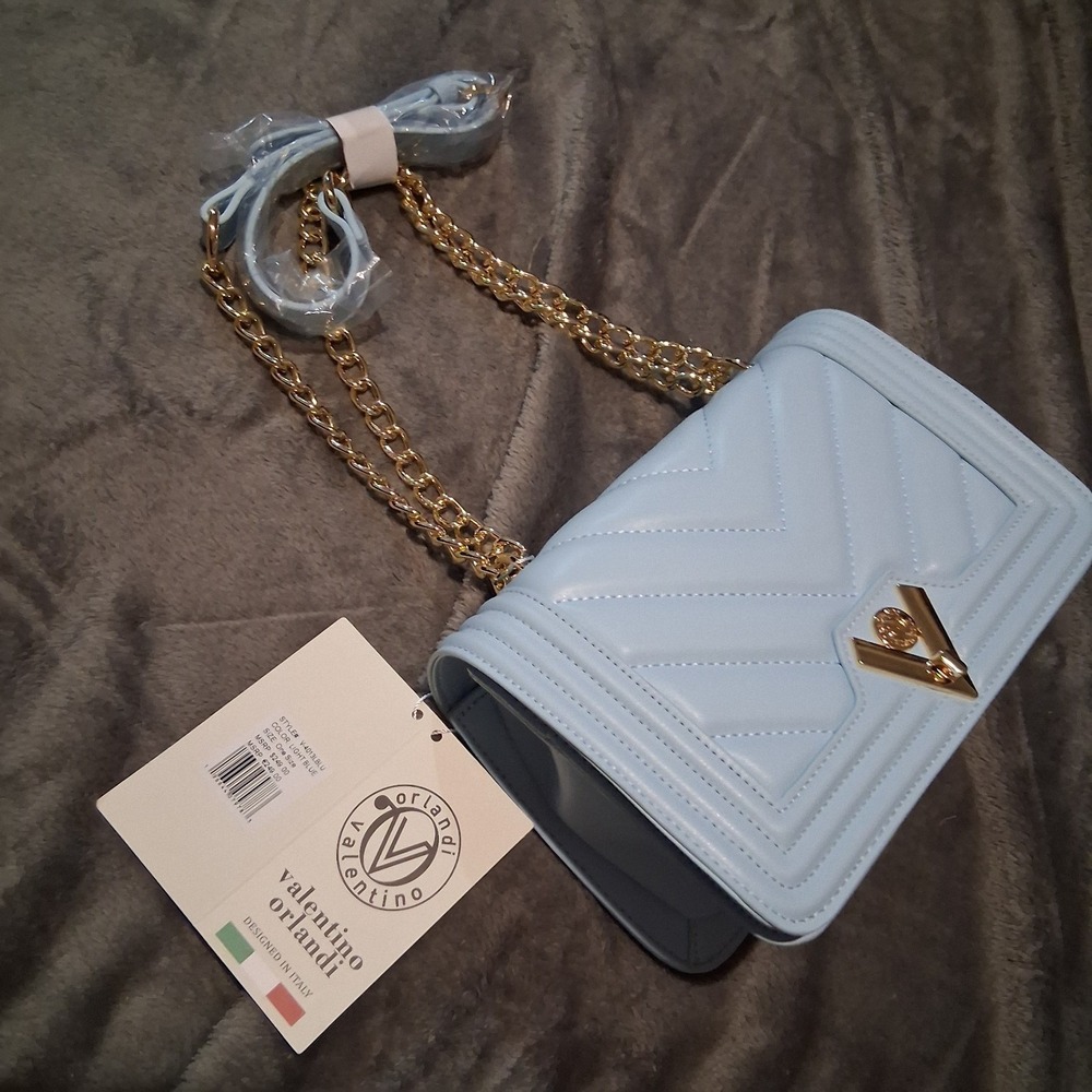 Valentino Orlandi Quilted Crossbody Shoulder Bag Baby Blue Gold Hardware NWT